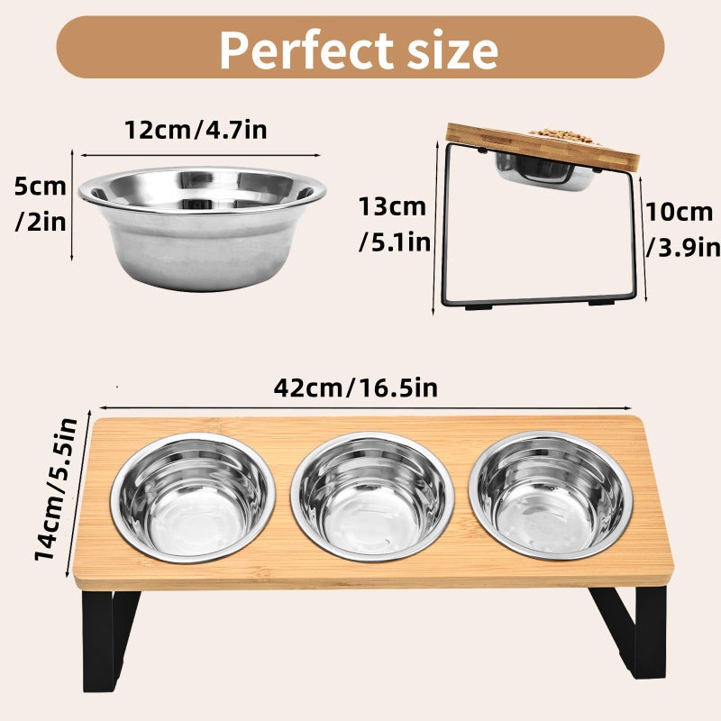 FTKINGDER Raised Cat Food Water Bowlï¼ŒSmall Dog 15 Â° Tilted Elevated Food Feeding Tray with Three Stainless Steel Bowls to Protect The Spine of Cats and Dogs from Vomiting (Wood Color) (3 Bowls) - Image 2