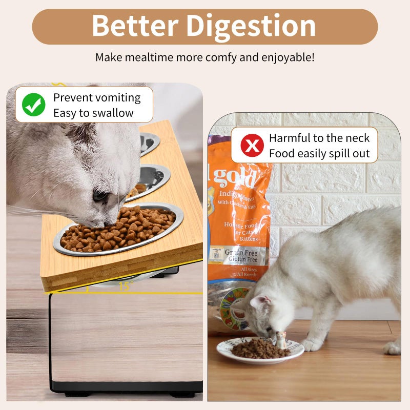 FTKINGDER Raised Cat Food Water Bowlï¼ŒSmall Dog 15 Â° Tilted Elevated Food Feeding Tray with Three Stainless Steel Bowls to Protect The Spine of Cats and Dogs from Vomiting (Wood Color) (3 Bowls) - Image 5