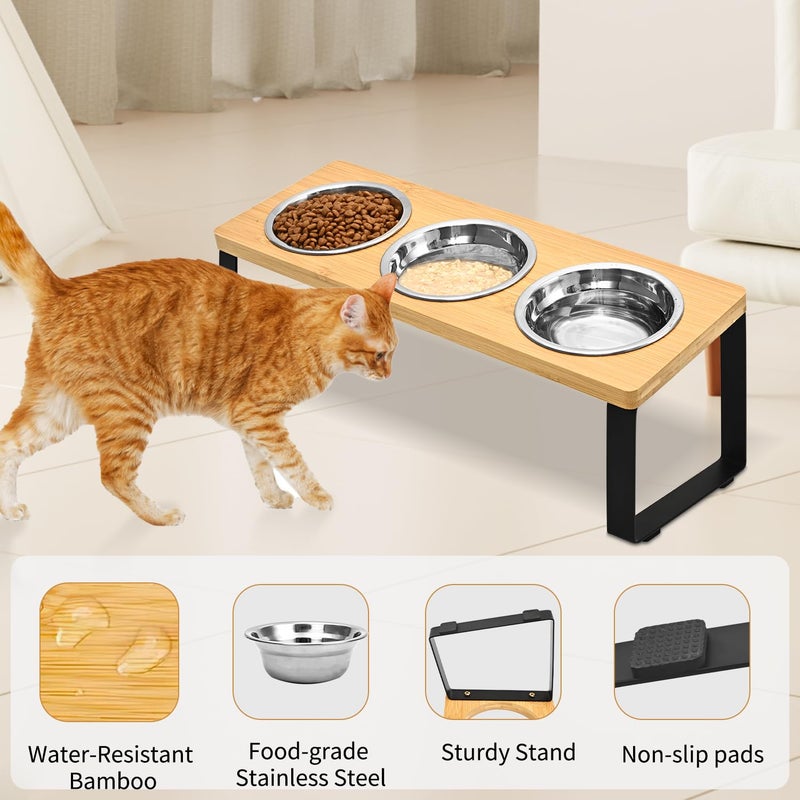 FTKINGDER Raised Cat Food Water Bowlï¼ŒSmall Dog 15 Â° Tilted Elevated Food Feeding Tray with Three Stainless Steel Bowls to Protect The Spine of Cats and Dogs from Vomiting (Wood Color) (3 Bowls) - Image 3