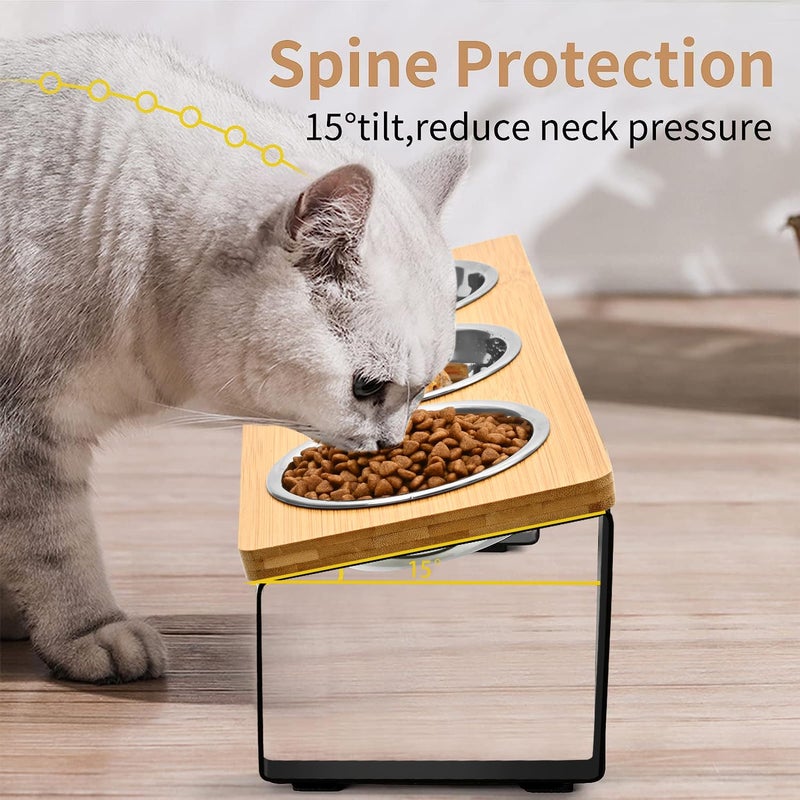 FTKINGDER Raised Cat Food Water Bowlï¼ŒSmall Dog 15 Â° Tilted Elevated Food Feeding Tray with Three Stainless Steel Bowls to Protect The Spine of Cats and Dogs from Vomiting (Wood Color) (3 Bowls) - Image 4