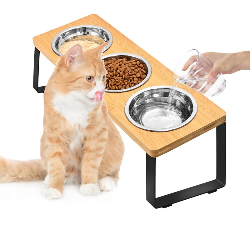 FTKINGDER Raised Cat Food Water Bowlï¼ŒSmall Dog 15 Â° Tilted Elevated Food Feeding Tray with Three Stainless Steel Bowls to Protect The Spine of Cats and Dogs from Vomiting (Wood Color) (3 Bowls) - Image 1