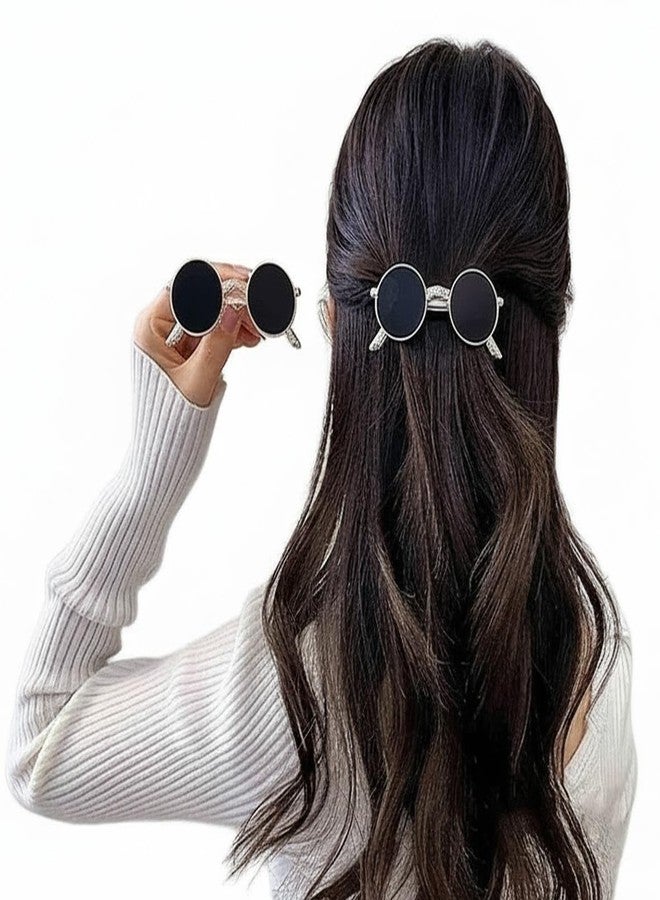 EvoNest Vintage Round Metal Hair Clips, Black Lens & Rose Gold Frame Fancy Hair Clip | Hair Pins Accessories - Set of 2 (3.54 inch Width) Black (4Y) - Image 1