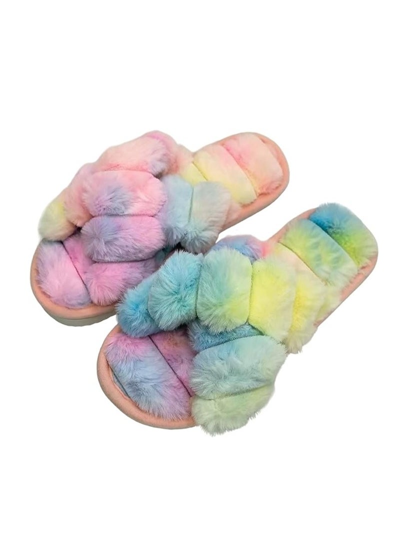 UKR UKR Women’s Home Slippers Soft Breathable Furry Open-Toe Cozy Indoor Footwear Stylish Fluffy EVA Sole (Rainbow, EU Footwear Size System, Adult, Women, Numeric Range, Medium, 38, 39) - Image 1