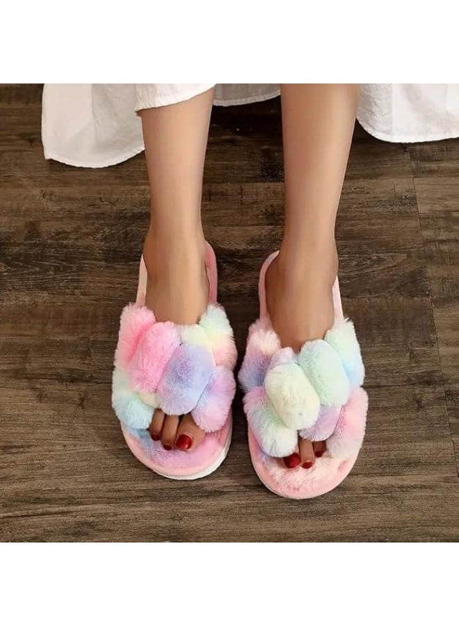 UKR UKR Women’s Home Slippers Soft Breathable Furry Open-Toe Cozy Indoor Footwear Stylish Fluffy EVA Sole (Rainbow, EU Footwear Size System, Adult, Women, Numeric Range, Medium, 38, 39) - Image 5