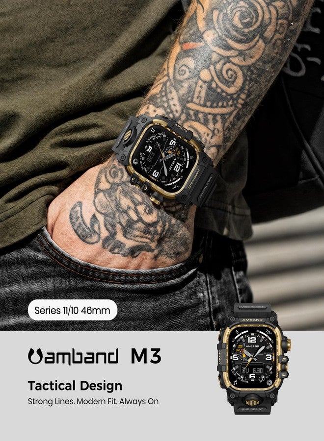 امباند حافظة amBand متينة مع سوار لساعة Apple Watch مقاس 46 مم، متوافقة مع ساعة Apple Watch (iWatch) Series 10 11، غطاء ممتص للصدمات بدرجة عسكرية، سوار تكتيكي للرجال، أسود ذهبي - Image 3