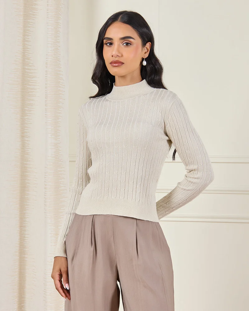 REDTAG Women Ivory Knitted Long-sleeved Top