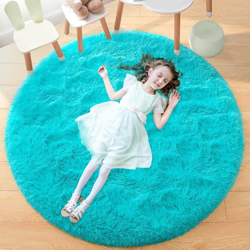 VASAC Luxury Shaggy Round Carpet 5x5 Feet Turquoise – Soft Fluffy Anti-Skid Washable Plush Rug, Modern Decorative Thick Floor Mat for Bedroom, Living Room, Kids Playroom, Study Room & Sofa Area - Image 3