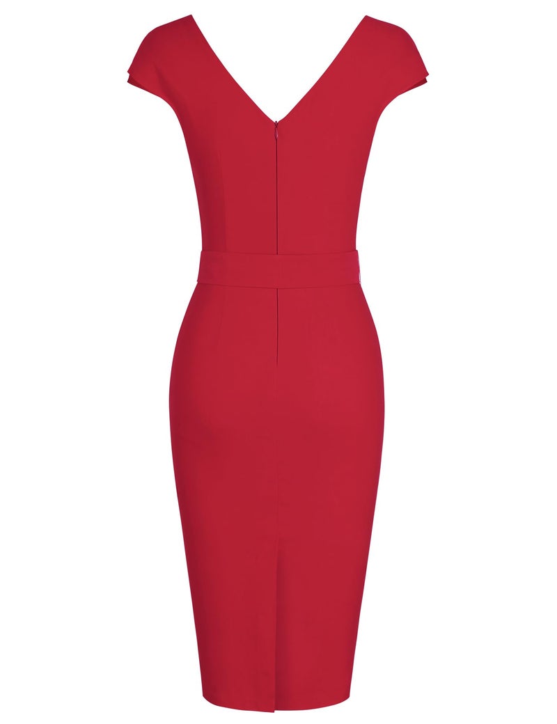 MUXXN Women's Ladies Classic Faux Wrap V Neck Midi Cap Sleeve Pencil Work Office Dress Red S - Image 4