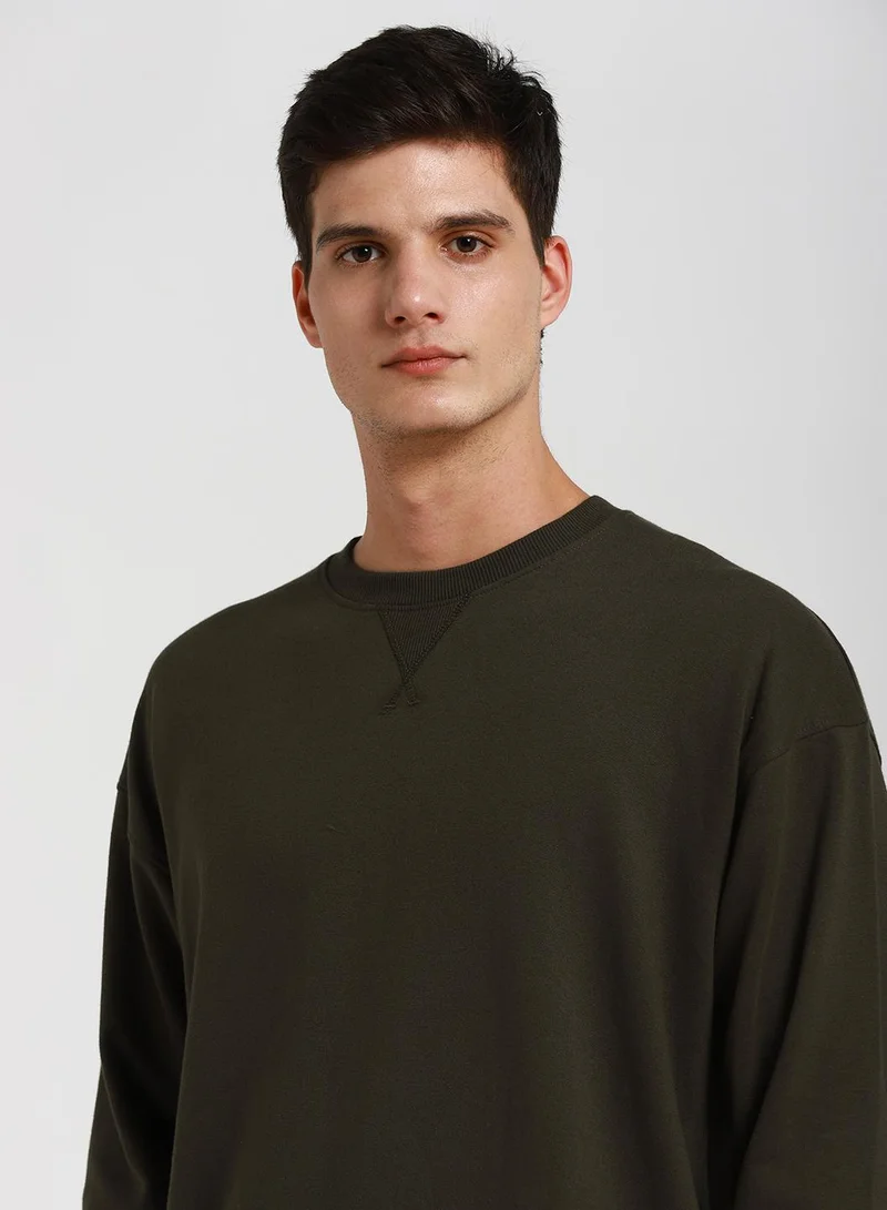 Dennis Lingo Olive Regular Fit Sweatshirt for Men - Polycotton, Solid, Round Neck, Full Sleeves, Casual, Knitted