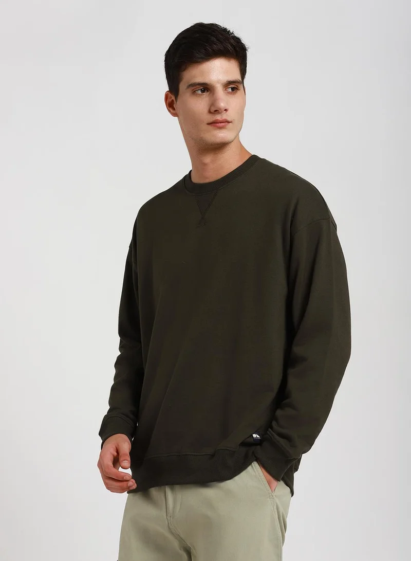 Dennis Lingo Olive Regular Fit Sweatshirt for Men - Polycotton, Solid, Round Neck, Full Sleeves, Casual, Knitted