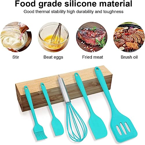 we3 Kitchen Utensil Set 5pcs Heat Resistant Silicone Cooking Nonstick Gadget Cookware with Hanging Hole for Cooking Baking and Mixing(Blue) - Image 4