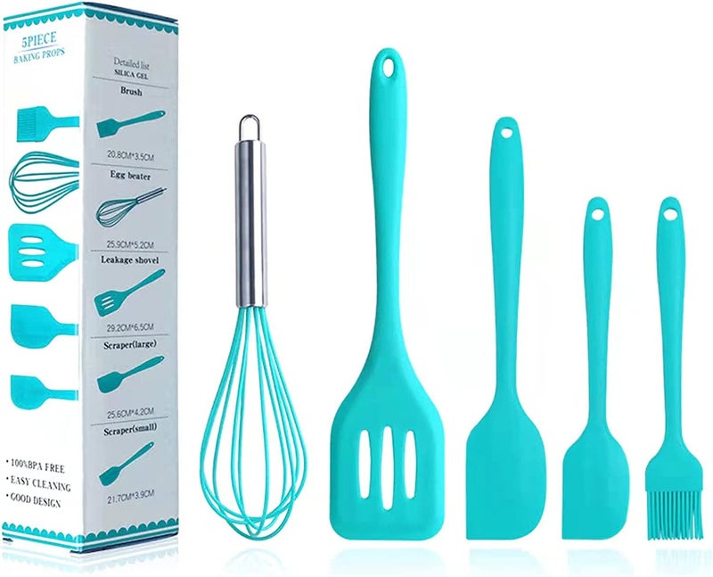 we3 Kitchen Utensil Set 5pcs Heat Resistant Silicone Cooking Nonstick Gadget Cookware with Hanging Hole for Cooking Baking and Mixing(Blue) - Image 1