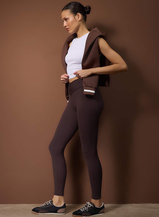 trendyol Dark Brown Soft Brushed Fabric DoubleBreasted Waist Detailed Full Length Knitted Sports Leggings - Image 2
