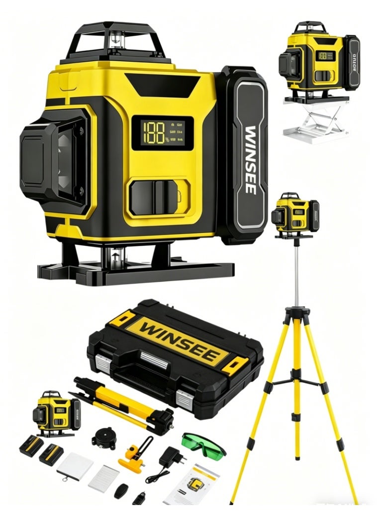 WINSEE مستوى الليزر الأخضر 16 خط 4x360° ذاتي التسوية مع حامل، 4D تقاطعات خضراء للبناء وتعليق الصور، أداة قياس بالليزر مع 2 بطاريات قابلة للشحن وحقيبة أدوات - Image 1