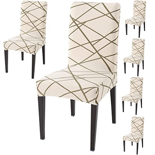 Styleys Polyester Printed Washable Elastic Dining Chair Cover Slipcovers (Set of 6 Beige Line, SD110A) - Image 1