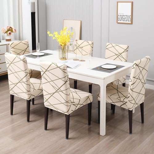 Styleys Polyester Printed Washable Elastic Dining Chair Cover Slipcovers (Set of 6 Beige Line, SD110A) - Image 3