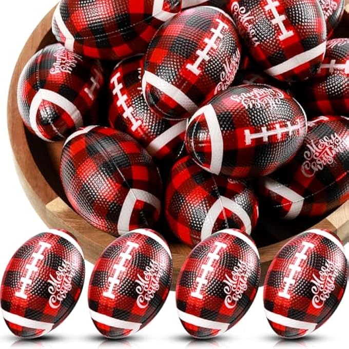 Jerify 48 Pcs Christmas Football Stress Balls 3.35 Inch Mini Football Party Favor Red Black Buffalo Plaid Foam Footballs Bulk Anxiety Relief Toys for Xmas Holiday Stocking Stuffer Goodie Bag Filler - Image 1