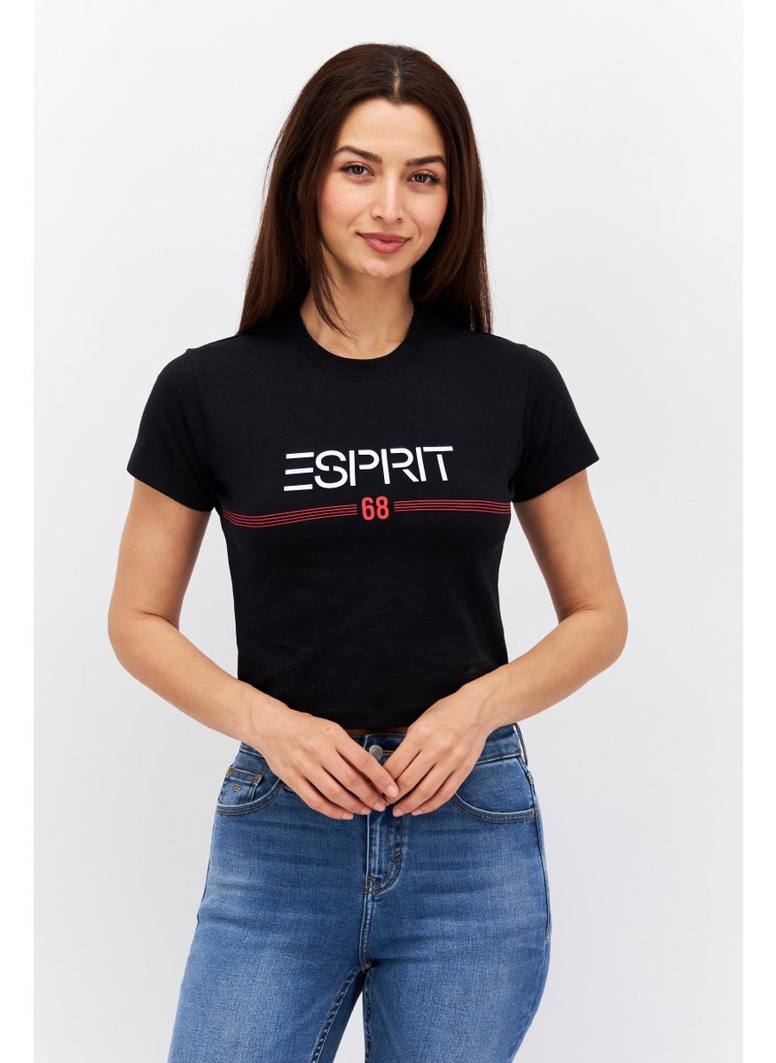 ESPRIT - Women Crew Neck Short Sleeve Brand Logo Crop Top, Black - Image 1