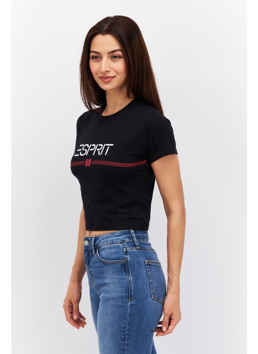 ESPRIT - Women Crew Neck Short Sleeve Brand Logo Crop Top, Black - Image 1