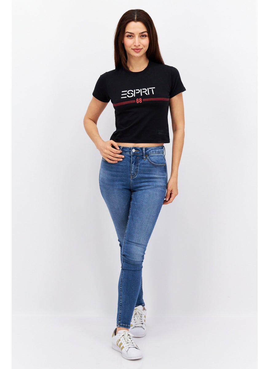ESPRIT - Women Crew Neck Short Sleeve Brand Logo Crop Top, Black - Image 1