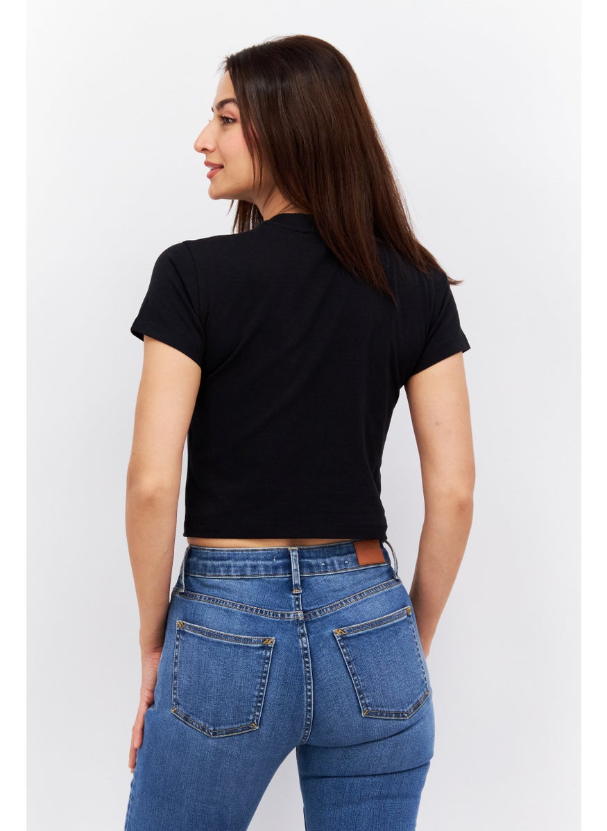ESPRIT - Women Crew Neck Short Sleeve Brand Logo Crop Top, Black - Image 1