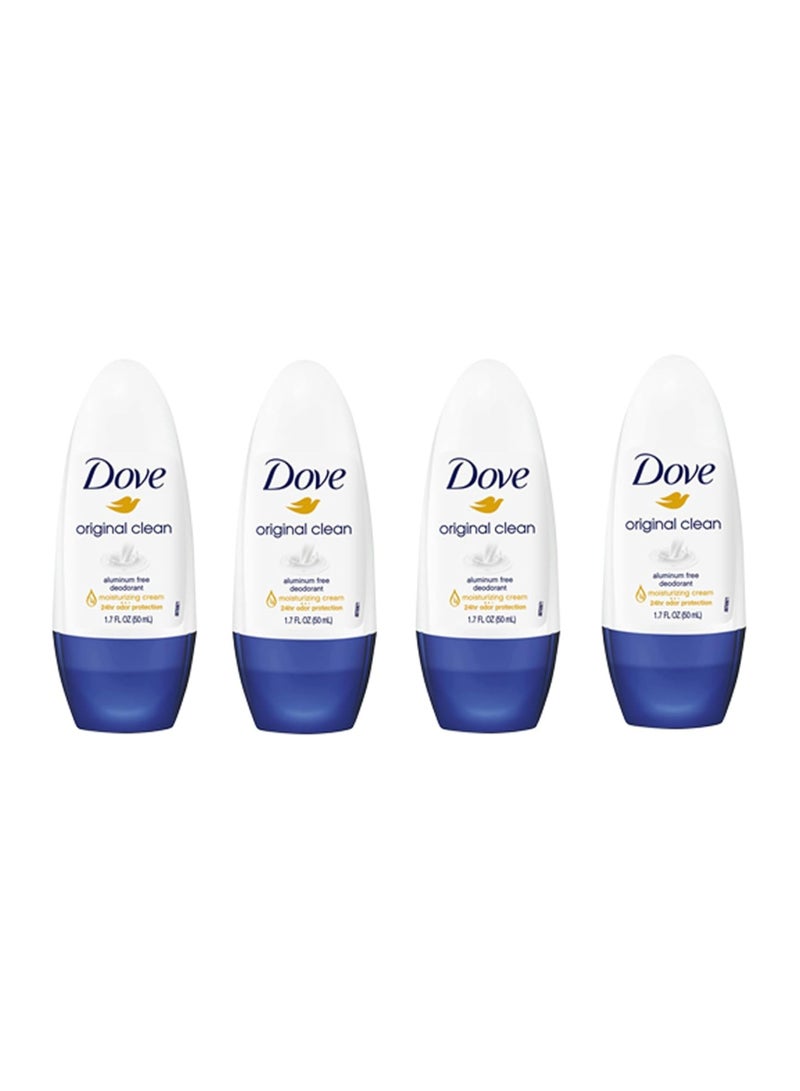 Dove Original Clean Roll On Deodorant, Aluminum Free, All Day Odor Protection, 4-Pack, 1.7 FL Oz Each, 4 Bottles