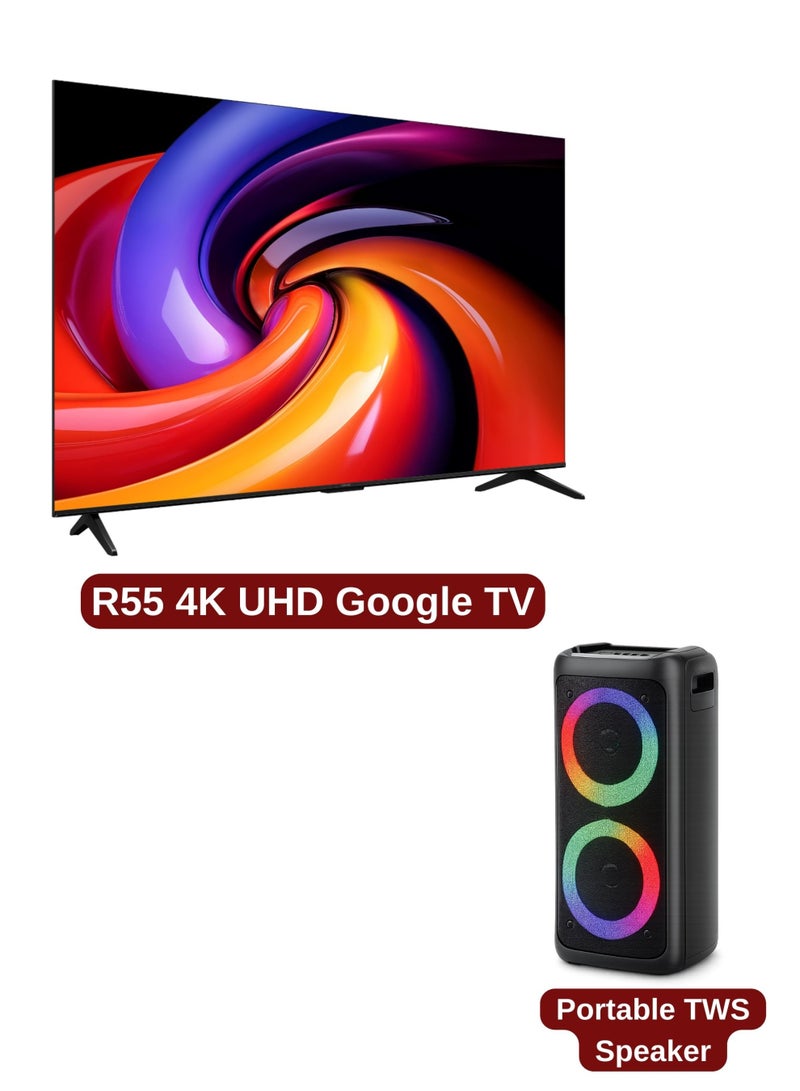 روا ROWA 55-Inch R55 4K Ultra HD Smart TV Bundle With Portable TWS Bluetooth Party Speaker | Google HDR TV, HDR10, HLG, Dolby Audio, MEMC, 300W PMPO, TWS LED Lights, TWS, Rechargeable Battery, Mic & AUX Inputs 55R55+SPEAKER Black - Image 2