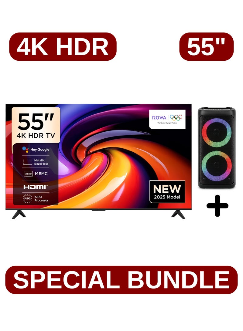 روا ROWA 55-Inch R55 4K Ultra HD Smart TV Bundle With Portable TWS Bluetooth Party Speaker | Google HDR TV, HDR10, HLG, Dolby Audio, MEMC, 300W PMPO, TWS LED Lights, TWS, Rechargeable Battery, Mic & AUX Inputs 55R55+SPEAKER Black - Image 1