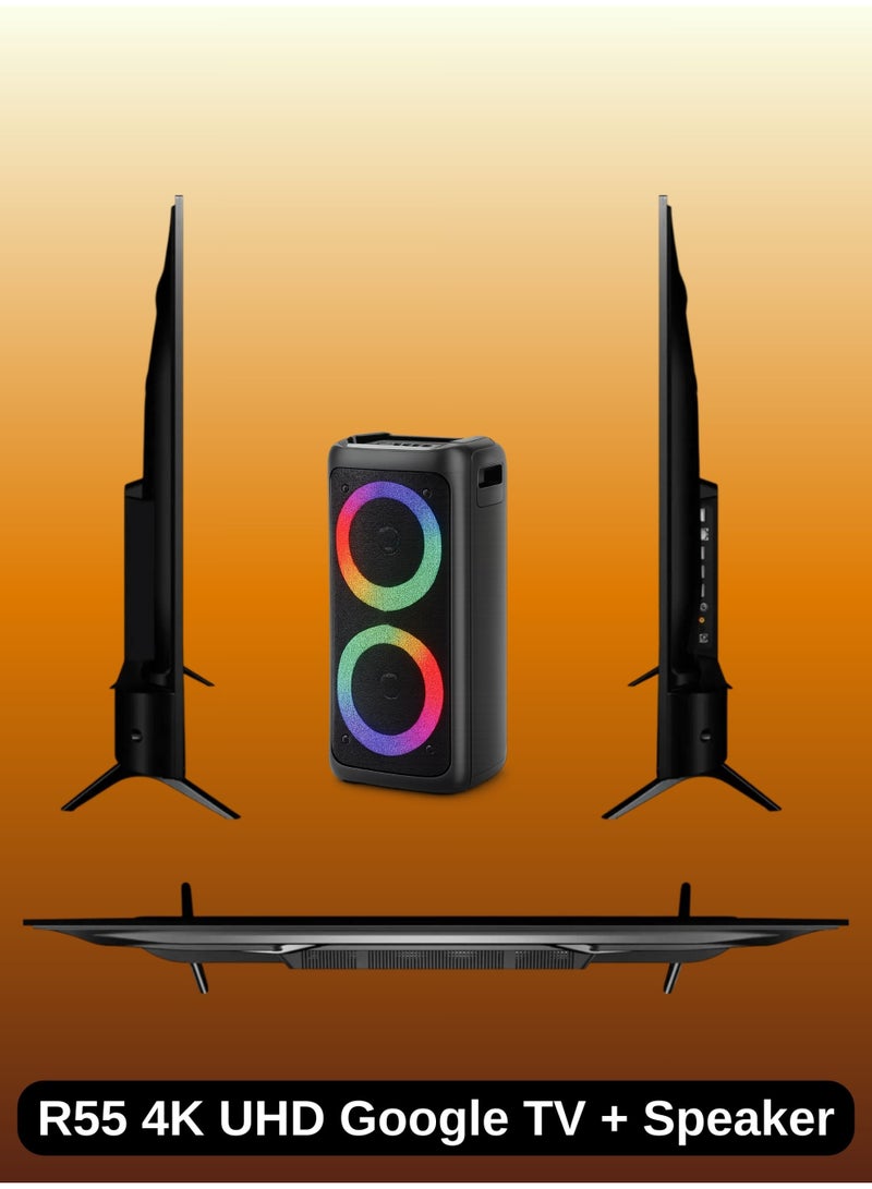 روا ROWA 55-Inch R55 4K Ultra HD Smart TV Bundle With Portable TWS Bluetooth Party Speaker | Google HDR TV, HDR10, HLG, Dolby Audio, MEMC, 300W PMPO, TWS LED Lights, TWS, Rechargeable Battery, Mic & AUX Inputs 55R55+SPEAKER Black - Image 3