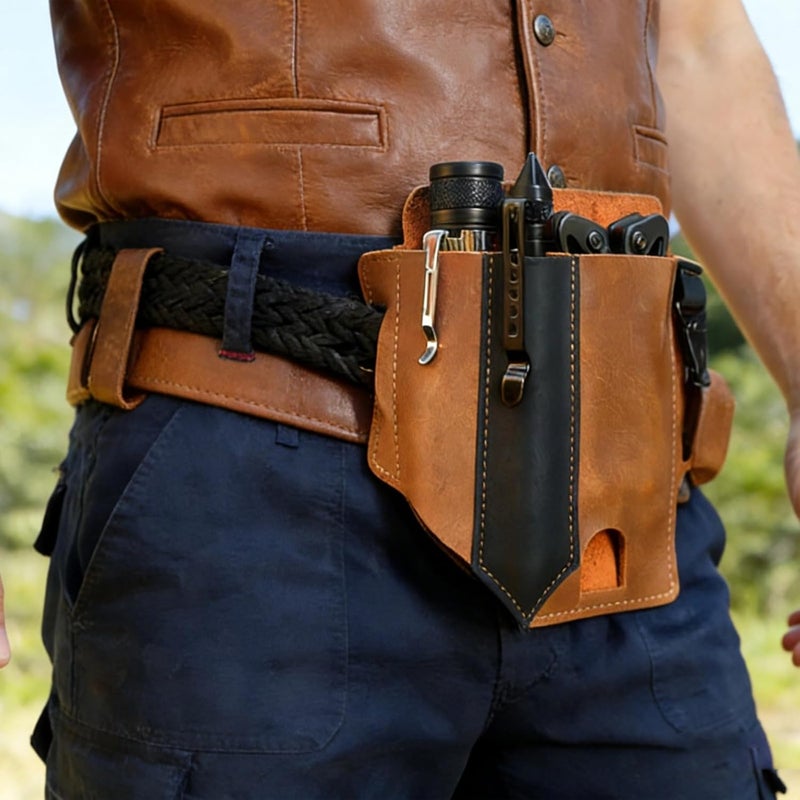 3-Compartment Leather Multitool Sheath, Brown Vintage Full Grain Leather Tool Pouch, 6.18 X 6.1 in Belt Organizer, Armed Waist Holster with Belt Loop and Clip - Image 5
