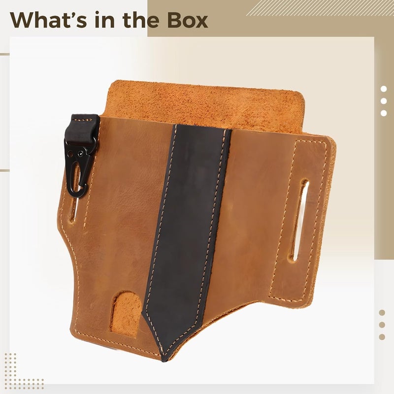 3-Compartment Leather Multitool Sheath, Brown Vintage Full Grain Leather Tool Pouch, 6.18 X 6.1 in Belt Organizer, Armed Waist Holster with Belt Loop and Clip - Image 4