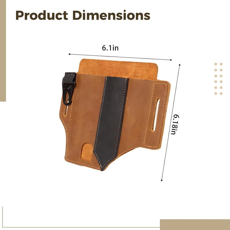 3-Compartment Leather Multitool Sheath, Brown Vintage Full Grain Leather Tool Pouch, 6.18 X 6.1 in Belt Organizer, Armed Waist Holster with Belt Loop and Clip - Image 3