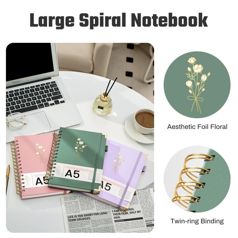 Ovesmusl Hardcover Spiral Notebooks 6.1" X 8.4" Note Taking 5 Subject Notebook College Ruled with Dividers 240 Pages 100GSM Aesthetic Spiral Notebook for Work School Cute Journals for Women Writing, Green - Image 4