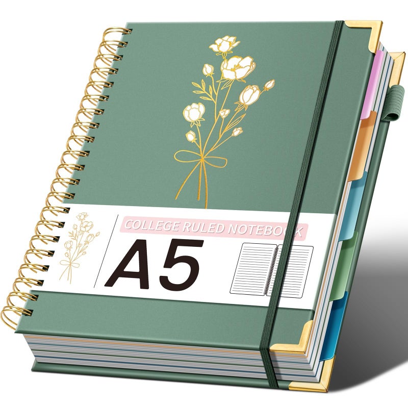 Ovesmusl Hardcover Spiral Notebooks 6.1" X 8.4" Note Taking 5 Subject Notebook College Ruled with Dividers 240 Pages 100GSM Aesthetic Spiral Notebook for Work School Cute Journals for Women Writing, Green - Image 1