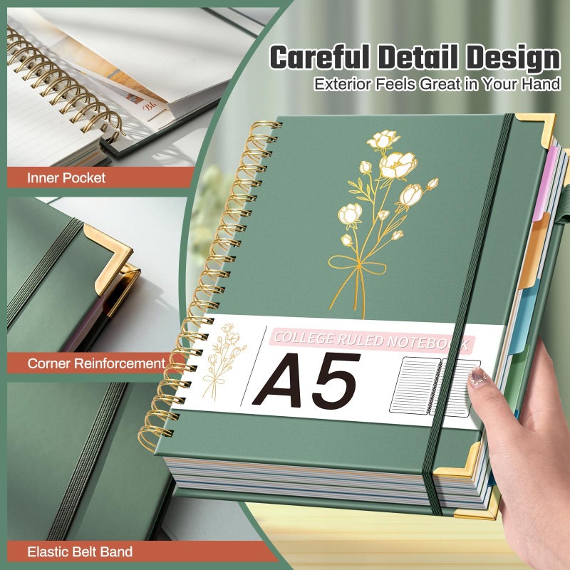 Ovesmusl Hardcover Spiral Notebooks 6.1" X 8.4" Note Taking 5 Subject Notebook College Ruled with Dividers 240 Pages 100GSM Aesthetic Spiral Notebook for Work School Cute Journals for Women Writing, Green - Image 3