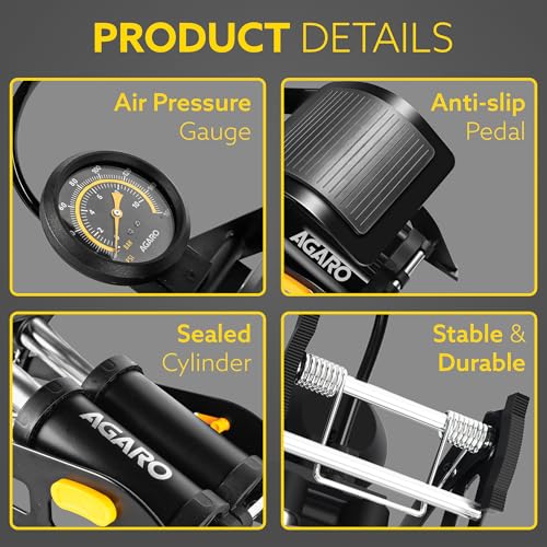 AGARO Foot Tyre Inflator, Double Cylinder Rapid Inflation, 160 PSI, High-Pressure Foot Air Pump with Integrated Gauge for Car, Bike & Cycle, Hands-Free Pedal Operation, Durable Steel Base, FP1919 - Image 3