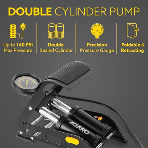 AGARO Foot Tyre Inflator, Double Cylinder Rapid Inflation, 160 PSI, High-Pressure Foot Air Pump with Integrated Gauge for Car, Bike & Cycle, Hands-Free Pedal Operation, Durable Steel Base, FP1919 - Image 2
