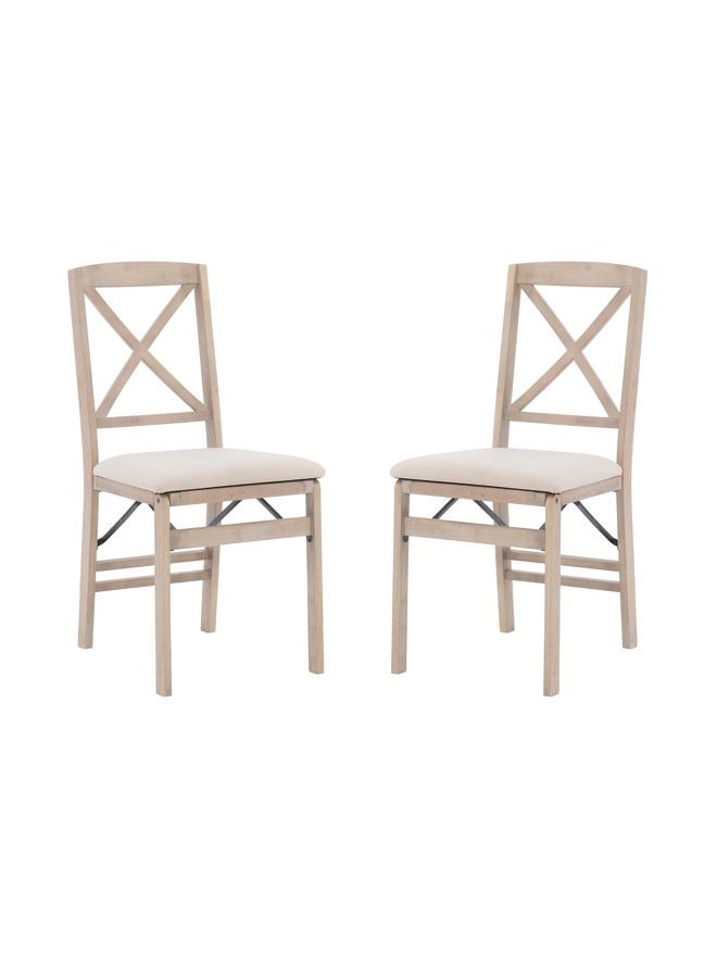Linon Keira Grey Wash Folding Chair Upholstered Seat and Classic Wooden X Back, Dining Height, Rustic Natural & Beige - Image 1