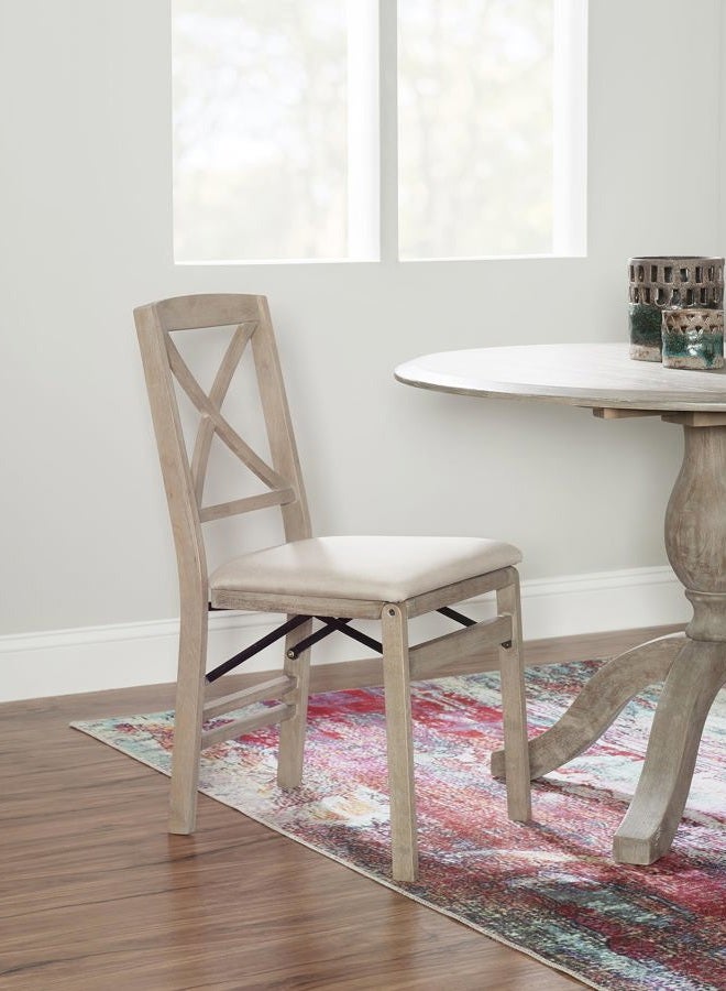 Linon Keira Grey Wash Folding Chair Upholstered Seat and Classic Wooden X Back, Dining Height, Rustic Natural & Beige - Image 2