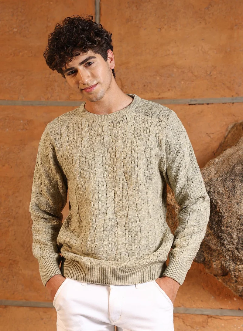 Campus Sutra Men's Sand Beige Rope-Jacquard Knit Pullover Sweater | Round Neck , Ribbed Cuff Sleeves , Pull On Closure , Ribbed-Straight Hem | Solid Jacquard For Casual & Daily Wear