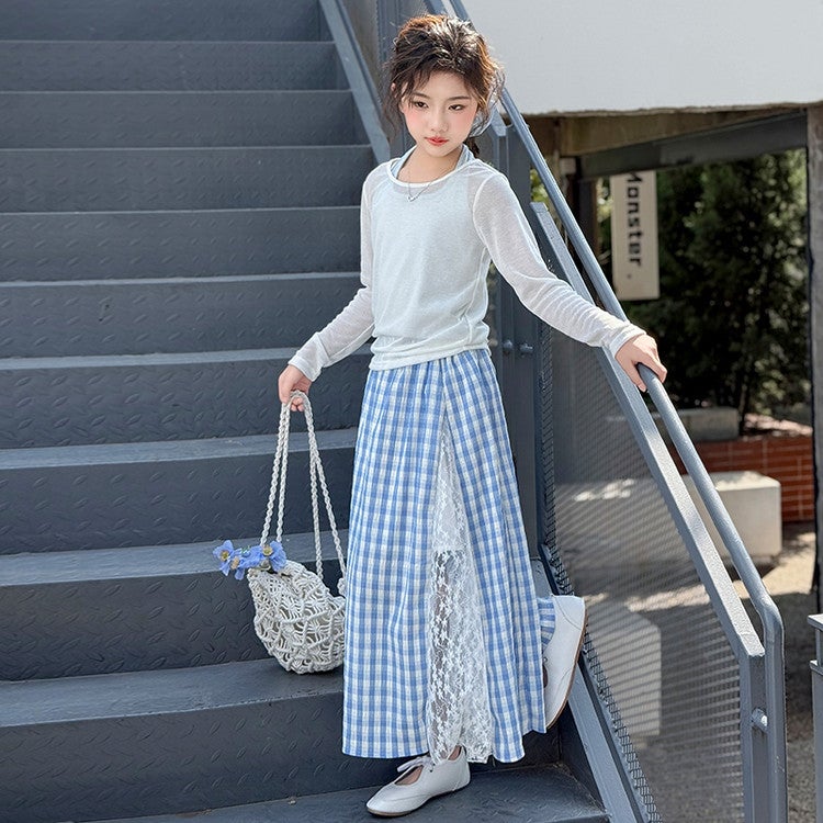 Girls' Summer Suit Neck Hanging Sling Sunscreen Blouse Skirt Large Children'S Style Lace Stitching Long Skirt Korean - Image 2