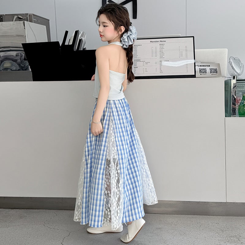 Girls' Summer Suit Neck Hanging Sling Sunscreen Blouse Skirt Large Children'S Style Lace Stitching Long Skirt Korean - Image 4
