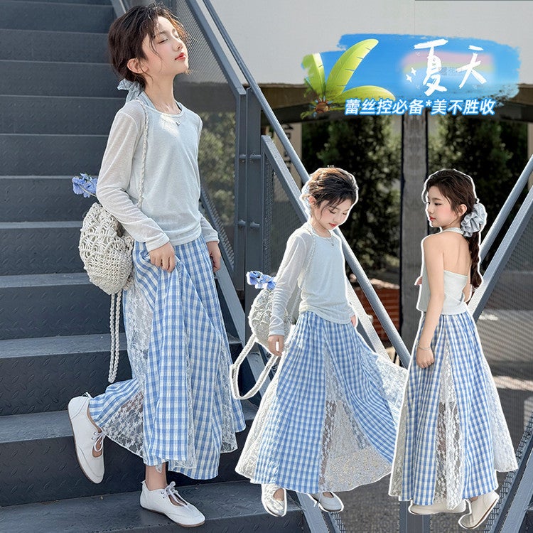 Girls' Summer Suit Neck Hanging Sling Sunscreen Blouse Skirt Large Children'S Style Lace Stitching Long Skirt Korean - Image 1