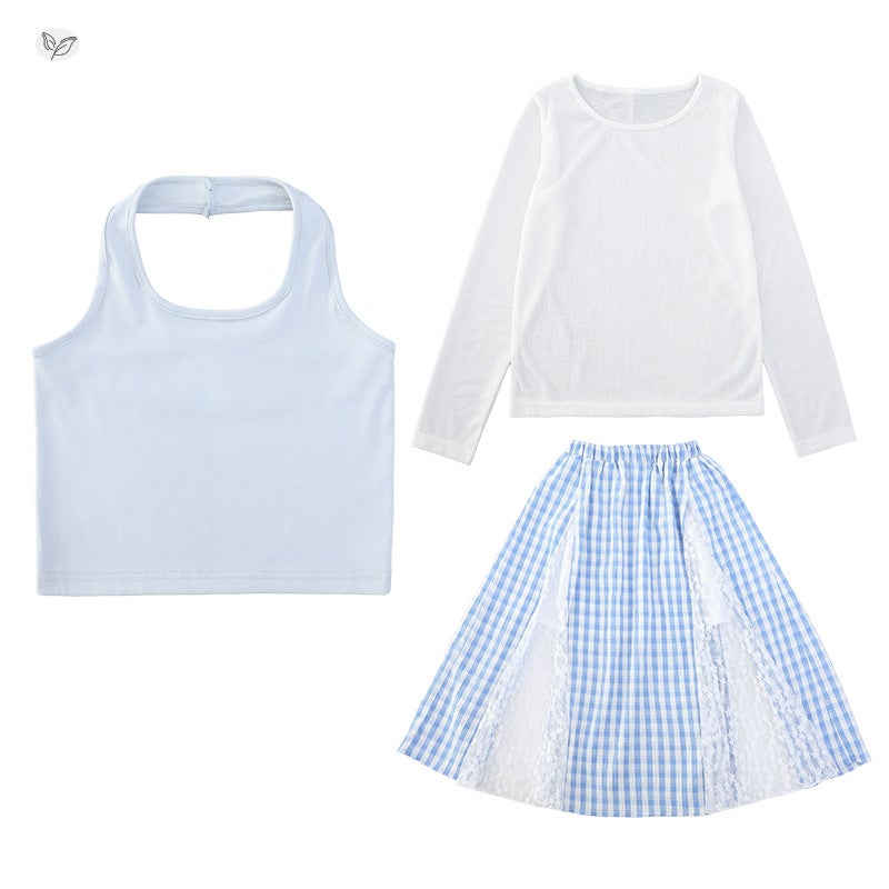 Girls' Summer Suit Neck Hanging Sling Sunscreen Blouse Skirt Large Children'S Style Lace Stitching Long Skirt Korean - Image 5