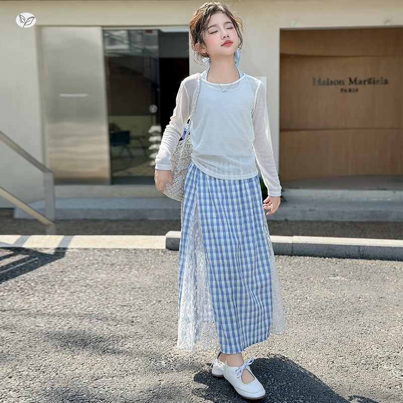 Girls' Summer Suit Neck Hanging Sling Sunscreen Blouse Skirt Large Children'S Style Lace Stitching Long Skirt Korean - Image 3