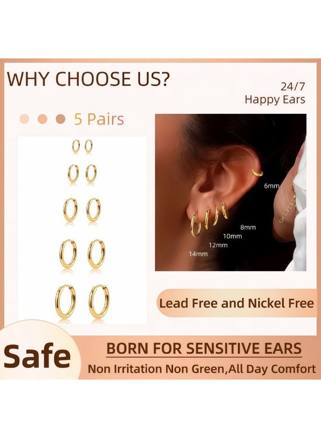 جومي 5 أزواج من أقراط هاجي دائرية مطلية بالذهب عيار 14 للنساء – أقراط صغيرة خفيفة بتصميم بسيط، مضادة للحساسية وخالية من النيكل والرصاص، لا يتغير لونها، مناسبة للاستخدام اليومي وللآذان الحساسة، طقم أقراط للتكديس مع ثقوب متعددة - Image 2