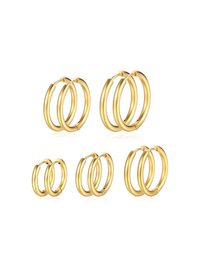 جومي 5 أزواج من أقراط هاجي دائرية مطلية بالذهب عيار 14 للنساء – أقراط صغيرة خفيفة بتصميم بسيط، مضادة للحساسية وخالية من النيكل والرصاص، لا يتغير لونها، مناسبة للاستخدام اليومي وللآذان الحساسة، طقم أقراط للتكديس مع ثقوب متعددة - Image 1