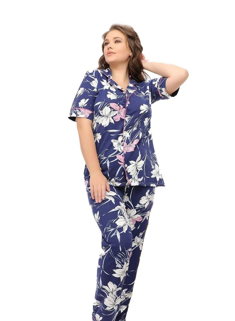 Ganna Women's short-sleeved pyjamas with buttons and summer long pants made of cotton large sizes 