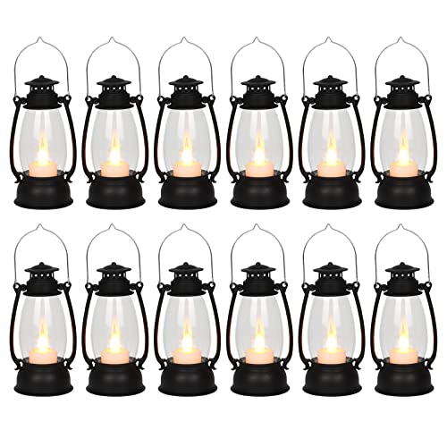Reperla 12Pcs Mini Lantern for Cowboy Halloween Christmas Wedding, Black 6" Candle Lantern with Flickering LED for Camping Western Party Decorations, Table Centerpiece, Hanging Lamp Ornaments Bulk - Image 1