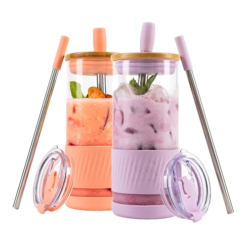 Pandaloo® Glass Cups With Lids and Straws -20 Fl Oz- Perfect Size Iced Coffee Cup - Smoothie Cup With Bamboo Lid and On the go Lid - Glass Tumbler (2 Count (Pack of 1), Peach Fuzz-Lilac Rhapsody) - Image 1
